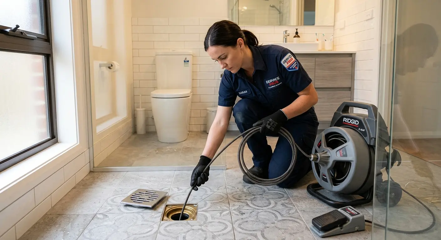 Technician clearing a bathroom floor drain for Sewer Line Installation in Wilton